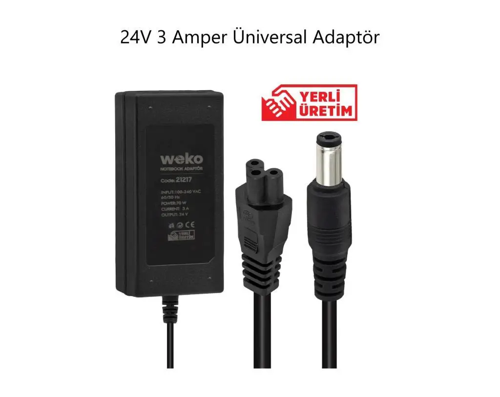24V 3 Amper Üniversal Adaptör (5.5*2.5) Weko 21217 Yerli Üretim 24V 3 Amper Üniversal Adaptör (5.5*2.5) Weko 21217 Yerli Üretim