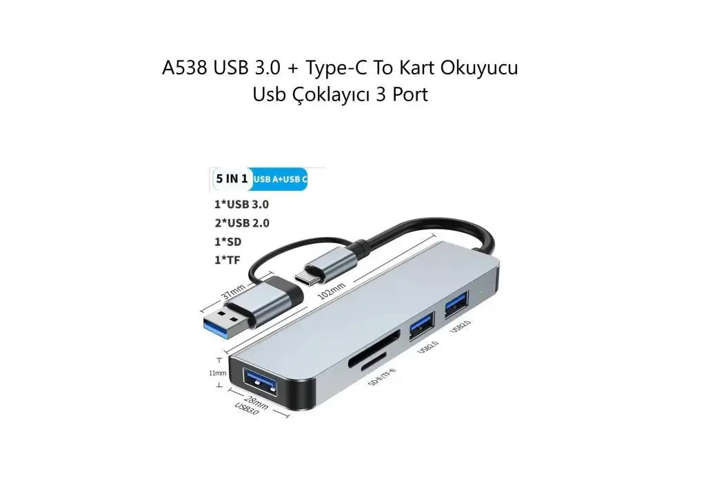 A538 USB 3.0 + Type-C To Kart Okuyucu + Usb Çoklayıcı 3 Port A538 USB 3.0 + Type-C To Kart Okuyucu + Usb Çoklayıcı 3 Port