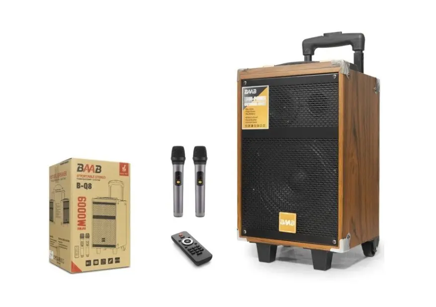BAAB BQ8 Çift Karaoke Mikrofonlu Bluetooth Hoparlör FM Radyo 40W 8 İnç Kumandalı Ahşap