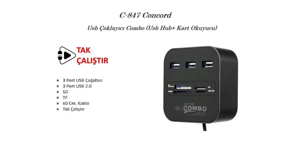 C-847 Concord Usb Çoklayıcı Combo (Usb Hub+ Kart Okuyucu) C-847 Concord Usb Çoklayıcı Combo (Usb Hub+ Kart Okuyucu)