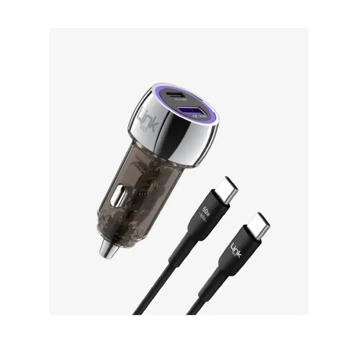 C437 Link Tech Şeffaf 55W Çift PD (30W) & QC (25W) Tip-C›Tip-C Kablolu Araç Şarj Süper Hızlı Araç Şarj