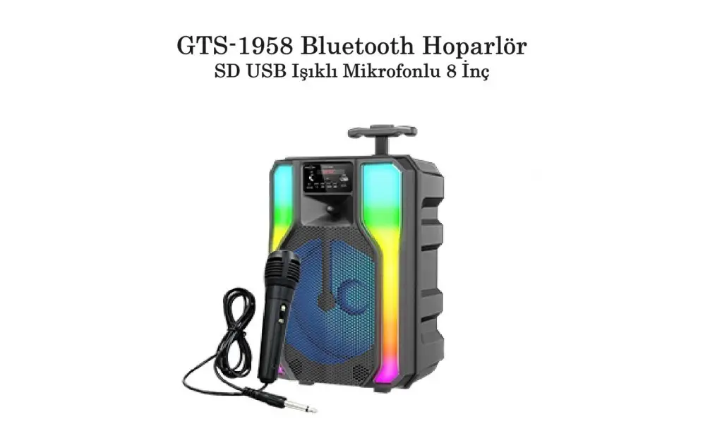 GTS-1958 SD+USB+Bluetooth Hoparlör Işıklı Mikrofonlu 8 İnç GTS-1958 SD+USB+Bluetooth Hoparlör Işıklı Mikrofonlu 8 İnç