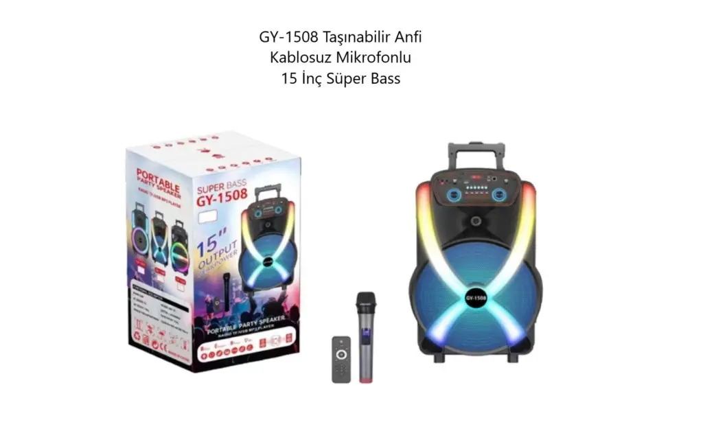 GY-1508 Taşınabilir Anfi Mikrofonlu Çek Çek 15 İnç Süper Bass Bluetooth Hoparlör GY-1508 Taşınabilir Anfi Mikrofonlu Çek Çek 15 İnç Süper Bass Bluetooth Hoparlör