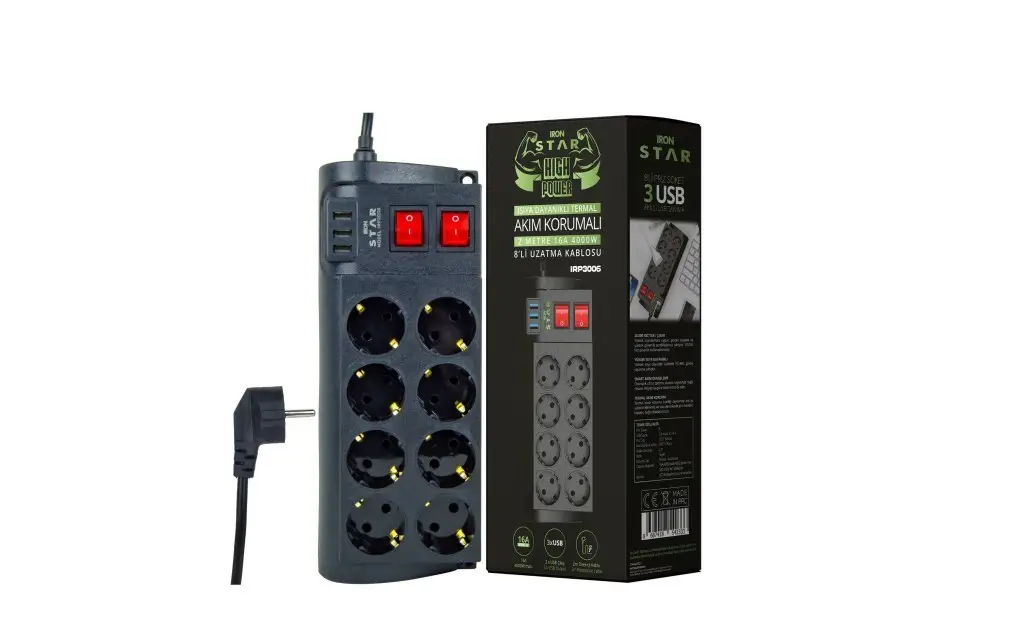 IRP-3006 İron Star Akım Koruma Uzatma Kablo Priz 8 Göz IRP-3006 İron Star Akım Koruma Uzatma Kablo Priz 8 Göz