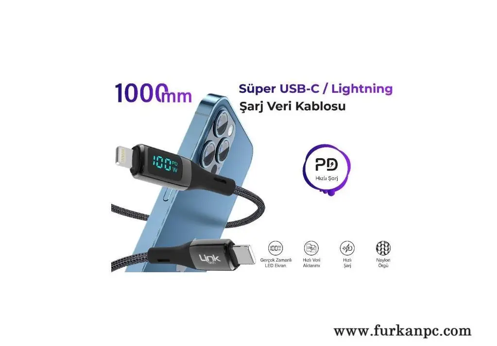 K-683 Link Tech Usb Kablo Lightning To Type-C Dijital Göstergeli 100W K-683 Link Tech Usb Kablo Lightning To Type-C Dijital Göstergeli 100W