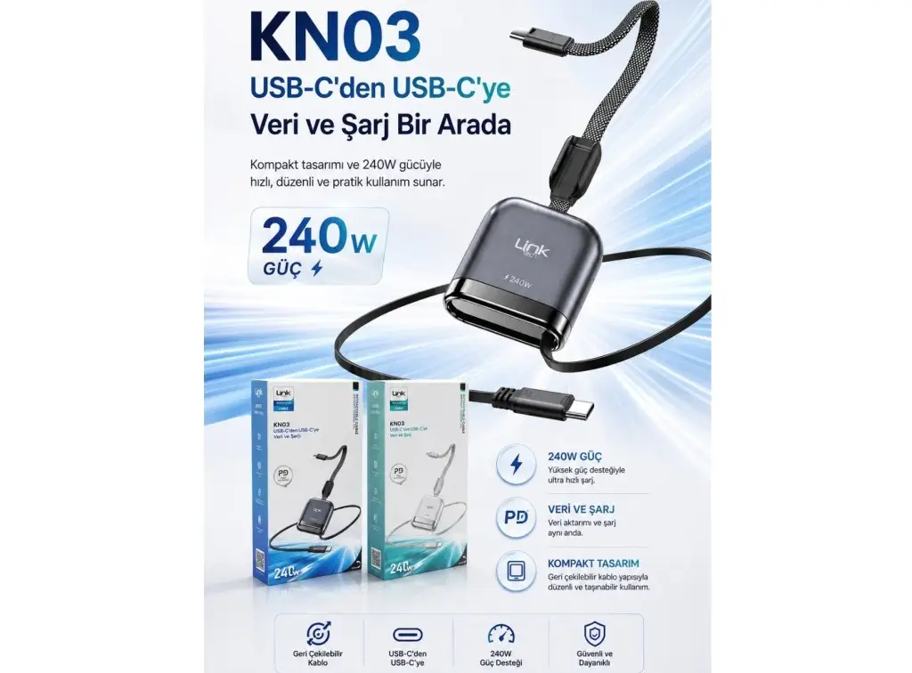KN03 Link Tech Tek Çekişte Fast 240W Manyetik Type-C - Type-C Geri Sarılabilir Kablo