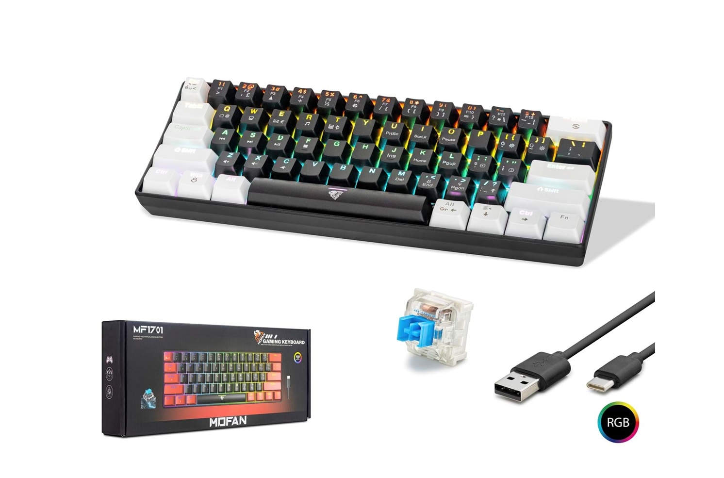 MOFAN MF1701 Mekanik Gaming Mini Klavye Blue Switch RGB 61 Tuş Siyah Kırmızı