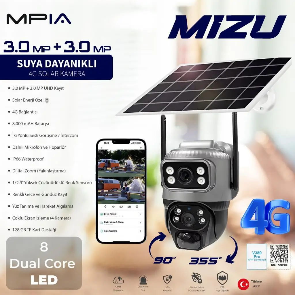 MPIA MIZU Çift Lens Bağlantılı 3MP+3MP Kablosuz İp Solarlı Sirenli Akıllı Kamera MPIA MIZU Çift Lens Bağlantılı 3MP+3MP Kablosuz İp Solarlı Sirenli Akıllı Kamera