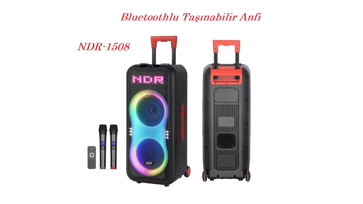 NDR-1508 Taşınabilir Anfi Mikrofonlu Çek Çek 2x8 inç Bluetooth Hoparlör Şarjlı NDR-1508 Taşınabilir Anfi Mikrofonlu Çek Çek 2x8 inç Bluetooth Hoparlör Şarjlı