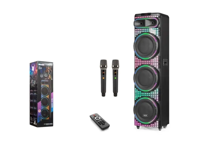 NDR-3260 Çift Karaoke Mikrofonlu Bluetooth Hoparlör FM Radyo 100W 3x12 İnç RGB Kumandalı