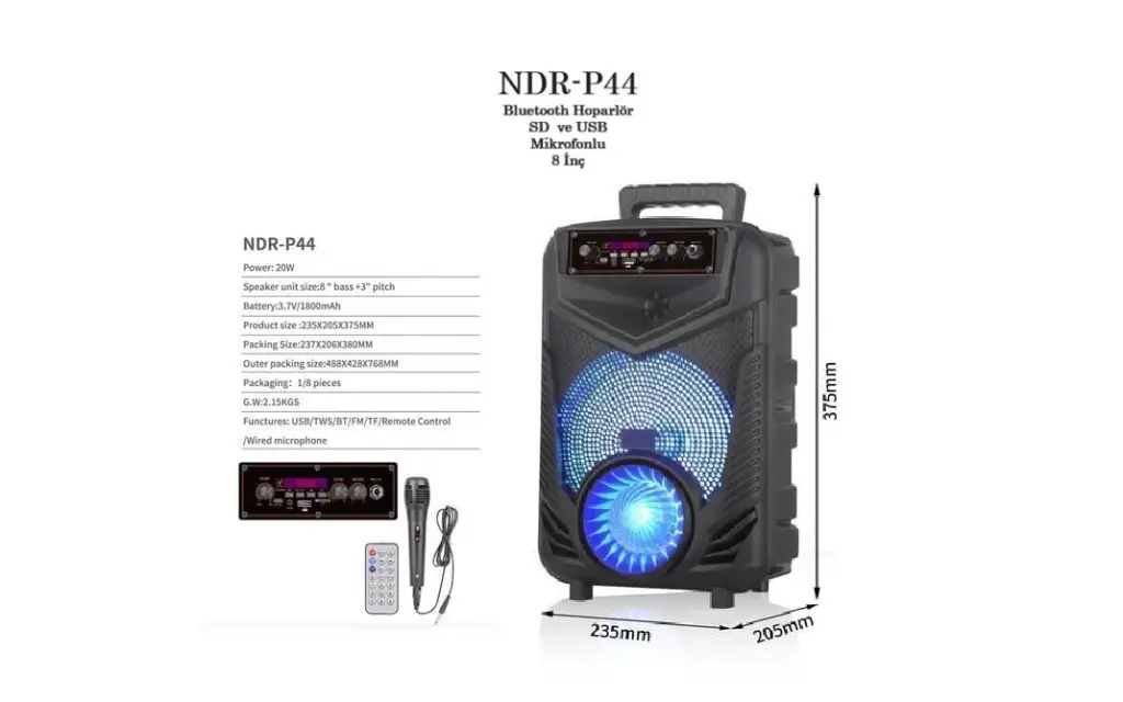 NDR-P44 Usb+SD+Bluetooth Hoparlör Çek Çek 8 İnç NDR-P44 Usb+SD+Bluetooth Hoparlör Çek Çek 8 İnç