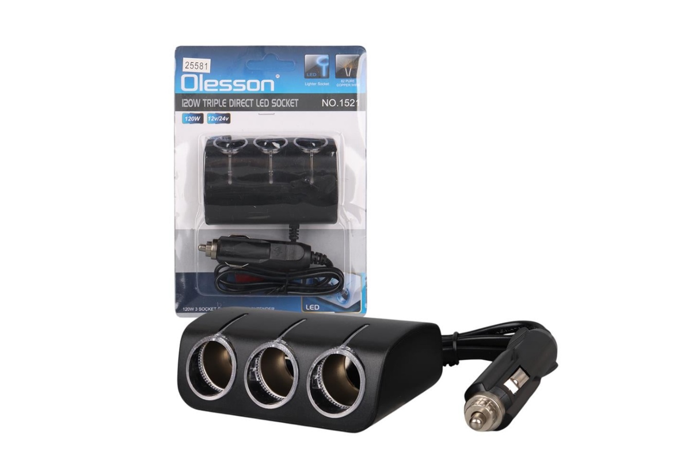 Olesson 1521 12-24V 120W 80 CM Kablolu 3'LÜ Araç Çakmak Çoklayıcı