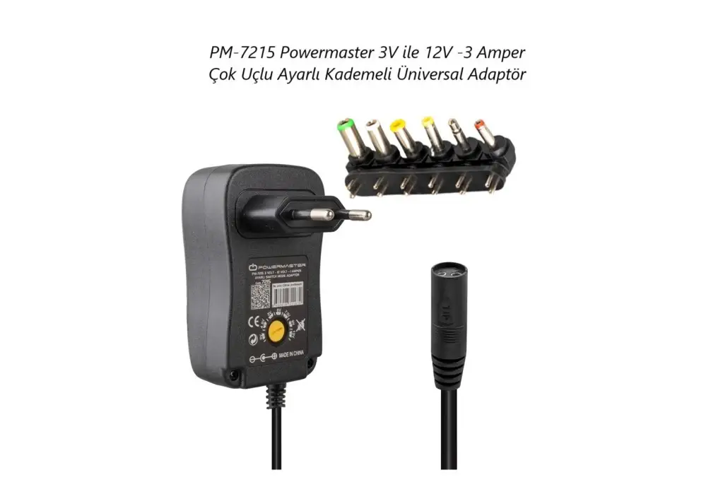 PM-7215 Powermaster 3V ile 12V -3 Amper Çok Uçlu Ayarlı Kademeli Üniversal Adaptör PM-7215 Powermaster 3V ile 12V -3 Amper Çok Uçlu Ayarlı Kademeli Üniversal Adaptör