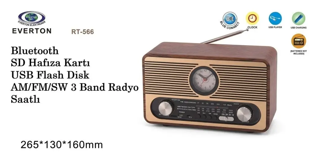 RT-566 Everton Usb+SD+Bluetooth Hoparlör Nostaljik Radyo Saatlı