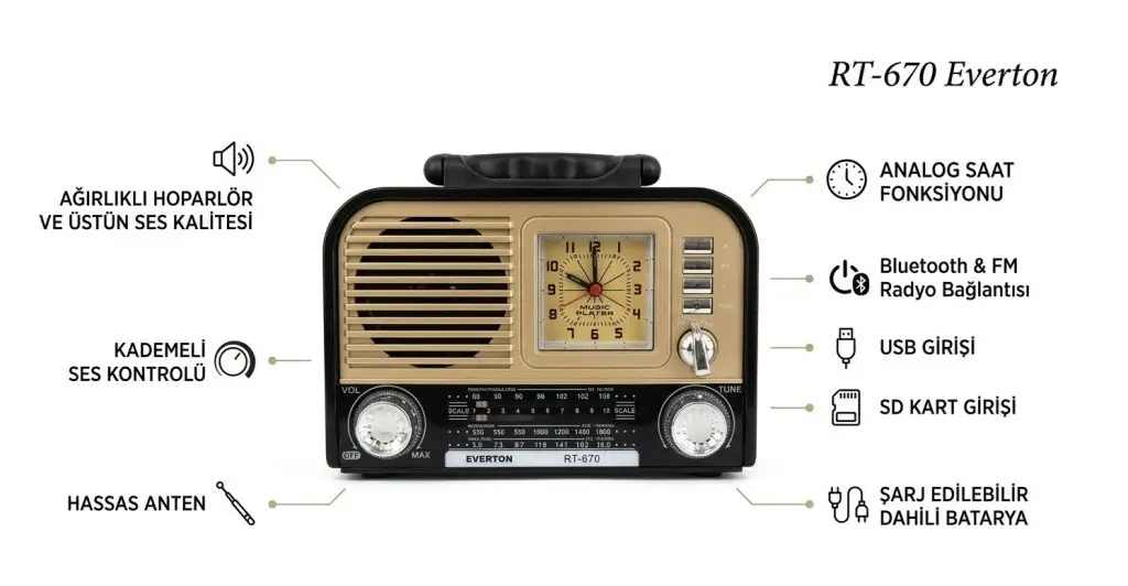 RT-670 Everton Usb+SD+Bluetooth Hoparlör Nostaljik Radyo Saatlı