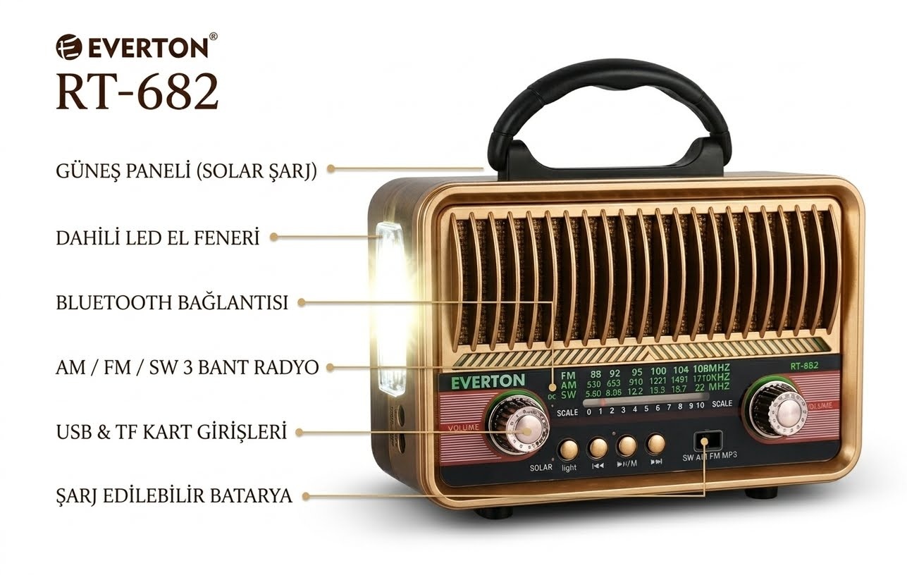 RT-682 Everton Usb+SD+Bluetooth Hoparlör Nostaljik Radyo Güneş Enerjili