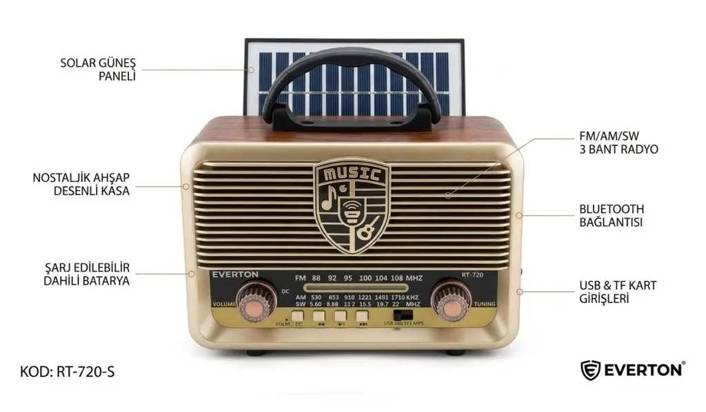 RT-720 Everton Usb+SD+Bluetooth Hoparlör Nostaljik Radyo Güneş Enerjili 
