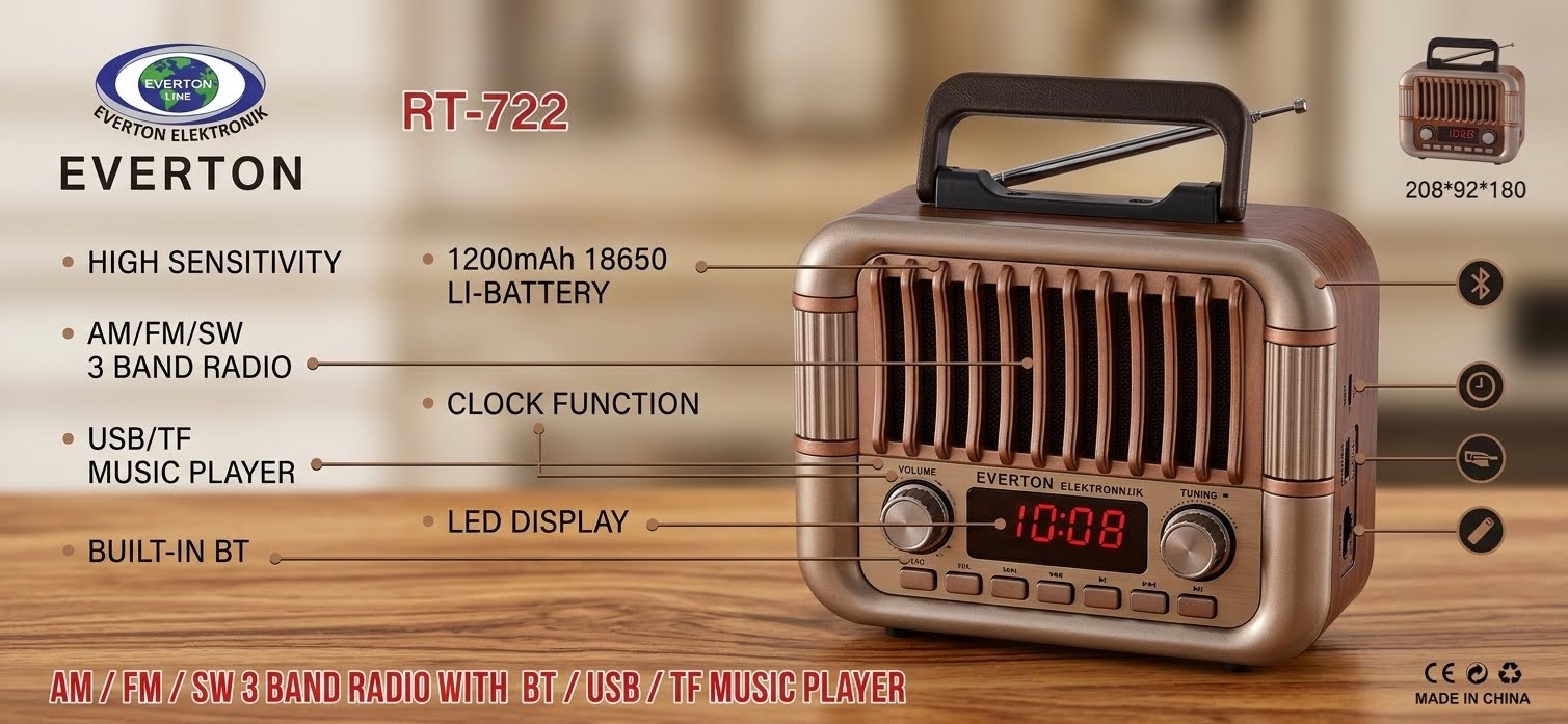 RT-722 Everton Usb+SD+Bluetooth Hoparlör Nostaljik Radyo Güneş Enerjili 