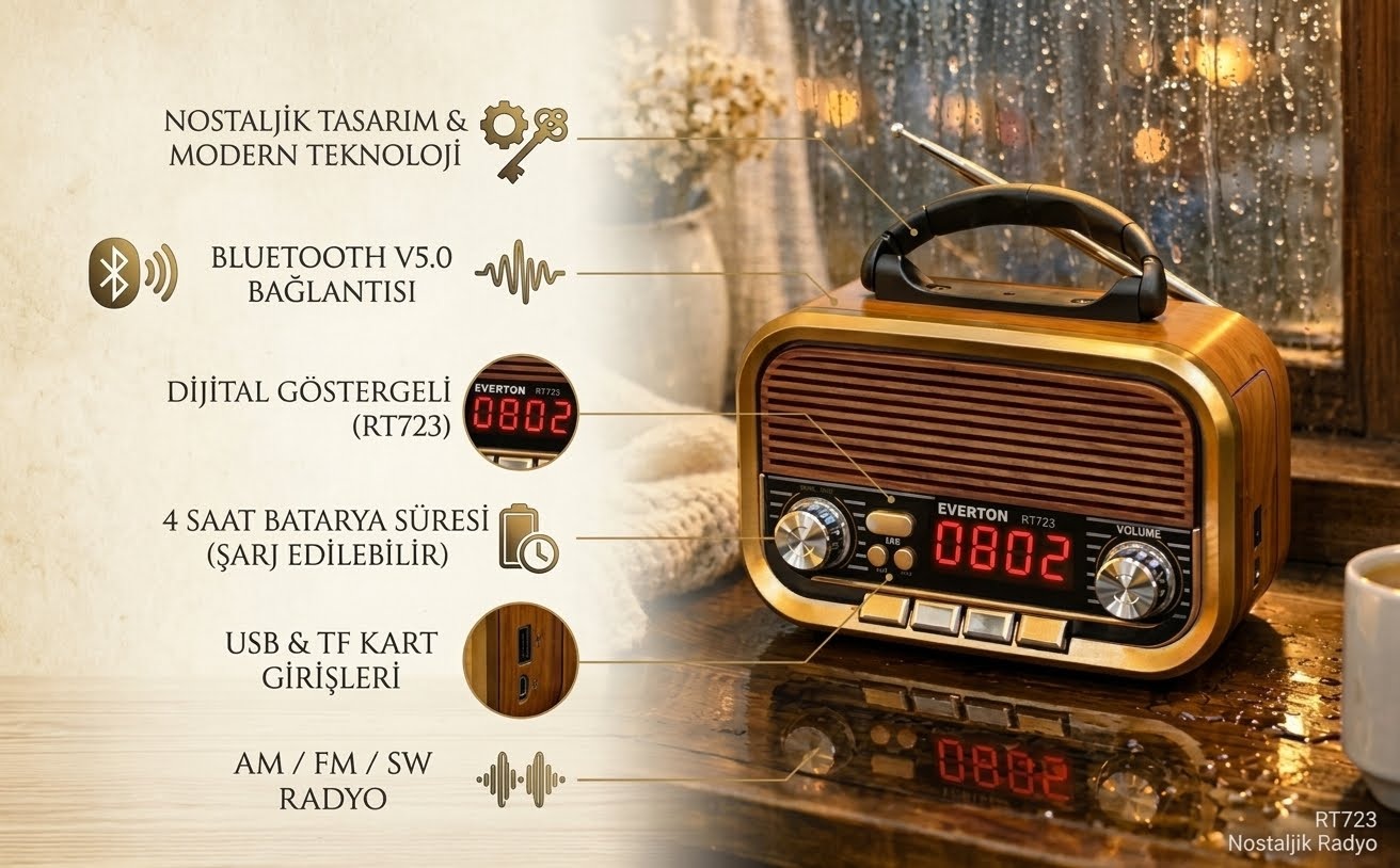 RT-723 Everton Usb+SD+Bluetooth Hoparlör Nostaljik Radyo Güneş Enerjili 
