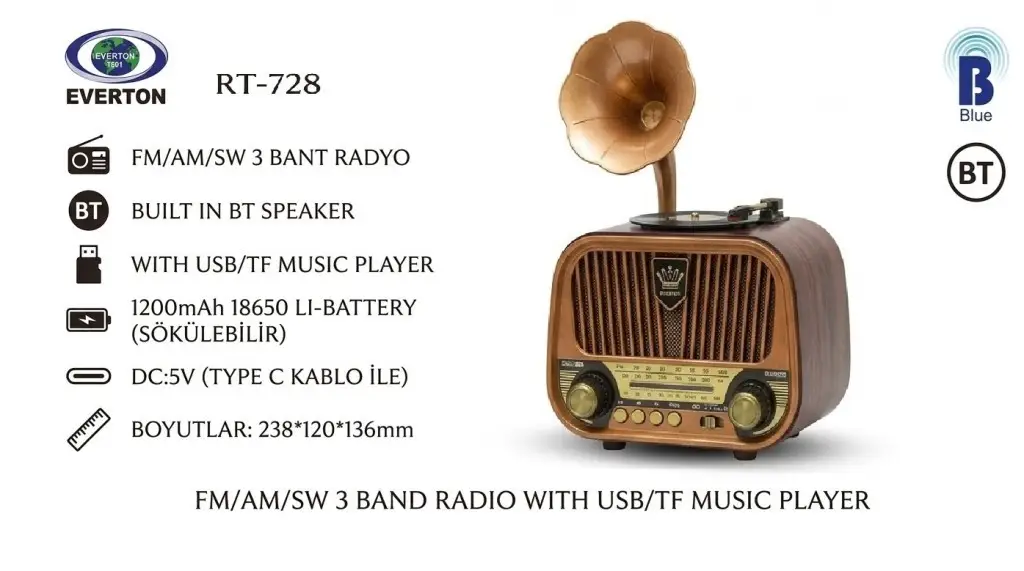 RT-728 Everton Usb+SD+Bluetooth Hoparlör Nostaljik Radyo Gramafon