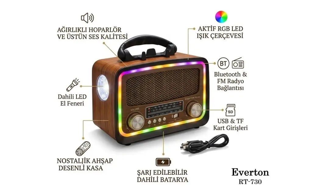 RT-730 Everton Usb+SD+Bluetooth Hoparlör Nostaljik Radyo