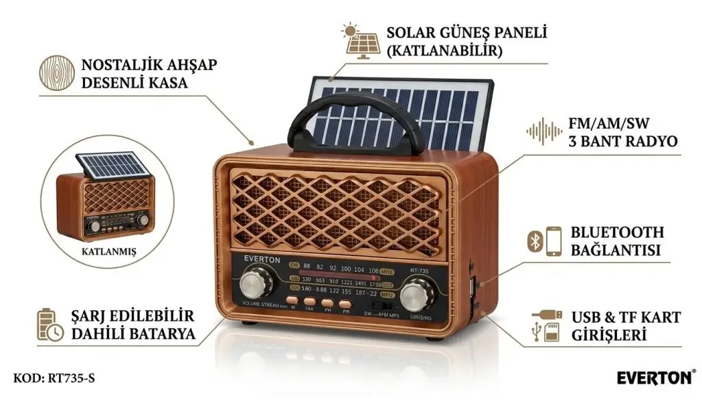 RT-735 Everton Usb+SD+Bluetooth Hoparlör Nostaljik Radyo Güneş Enerjili 