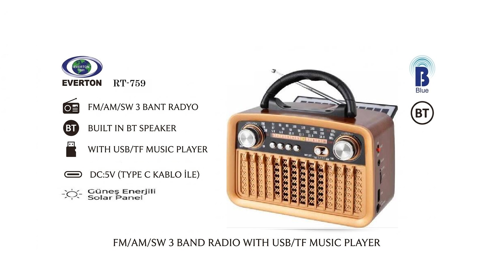 RT-759 Everton Usb+SD+Bluetooth Hoparlör Nostaljik Radyo Güneş Enerjili