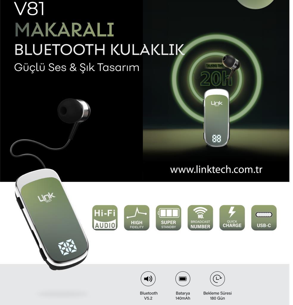 V81 Link Tech Bt Kablosuz Kulaklık Makaralı V81 Link Tech Bt Kablosuz Kulaklık Makaralı