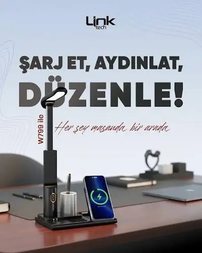W799 Link Tech Premium 3’ü 1 Arada Masaüstü Wireless Telefon Tutacağı & Şarj Aleti