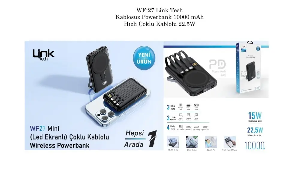 WF-27 Link Tech Kablosuz Powerbank 10000 mAh Hızlı Çoklu Kablolu 22.5W WF-27 Link Tech Kablosuz Powerbank 10000 mAh Hızlı Çoklu Kablolu 22.5W